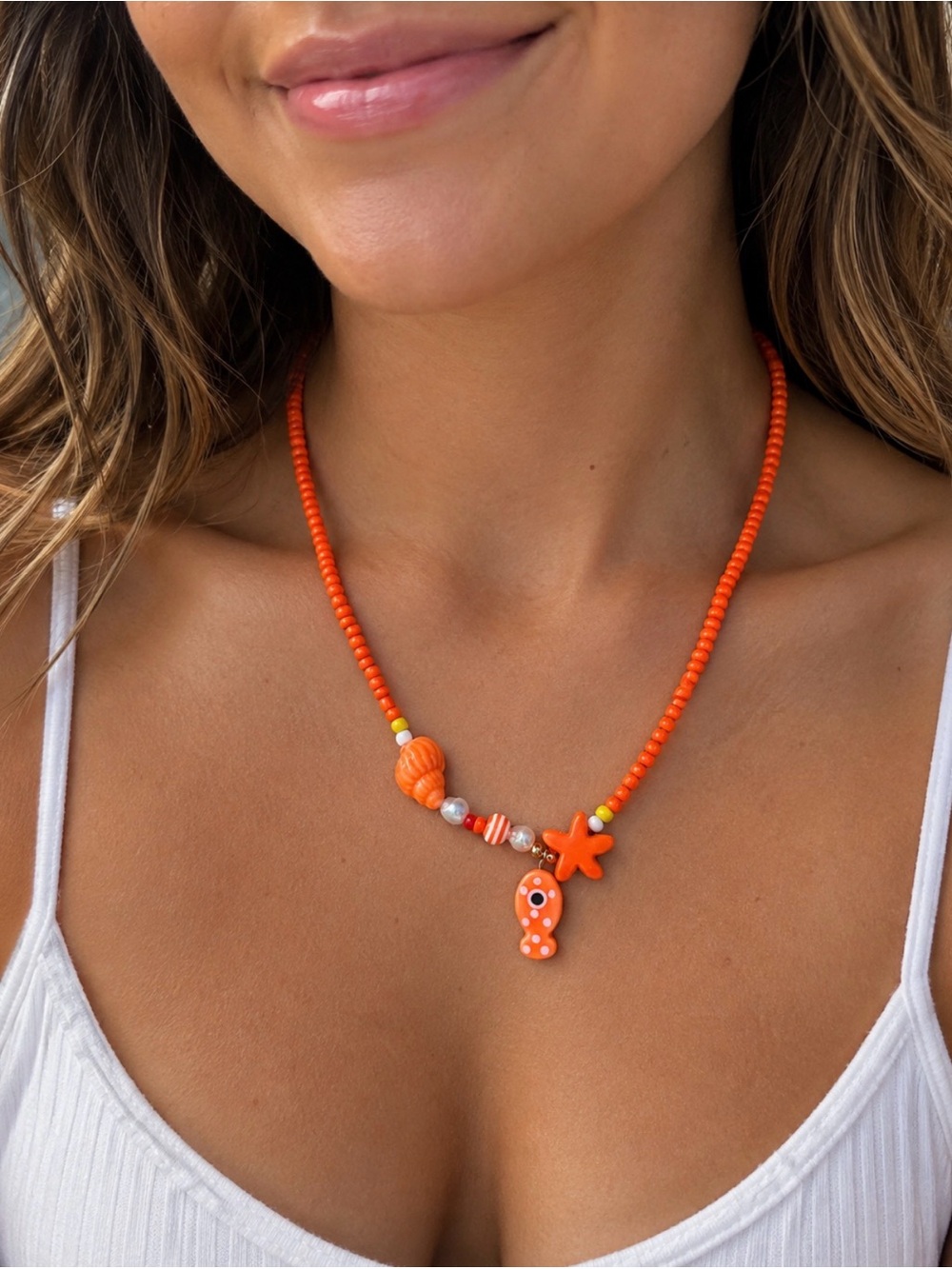 Orange Beaded Starfish & Charm Necklace - Women Jewelry